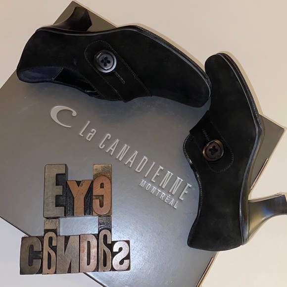 🇨🇦La CANADIENNE Montreal Waterproof ‘Shootie’ Bootie Heels in Black Suede - Picture 7 of 12